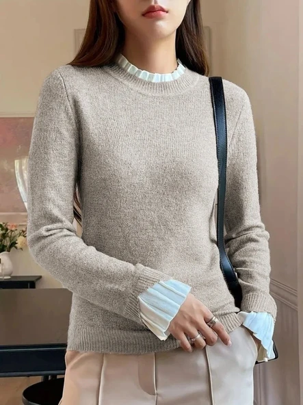 MDB Kadın Uzun Kollu Fırfırlı Yakalı Triko Krem Bluz - Resim 4