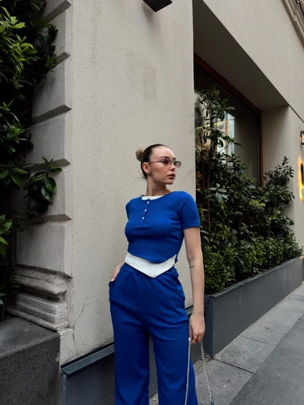 Düğme yakalı saks alt üst takım s3943 - Resim 2