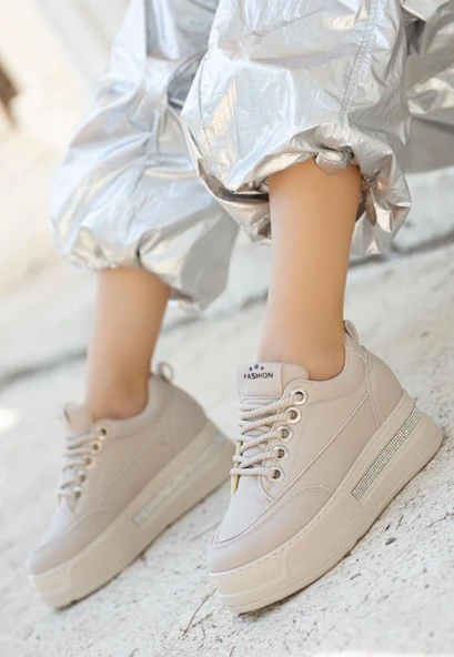 Lulu Bej Cilt Bağcıklı Spor Ayakkabı - Resim 2