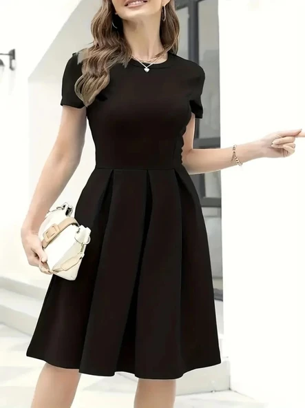 MDB Kadın Kısa Kollu Bisiklet Yaka önden Pile Detaylı Janjan Krep Elbise ürün görseli 1