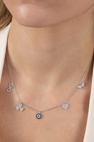 925 ayar gümüş kolye rodyumlu zirkon taşlı nazarlı şans kolyesi SGTL13181RODAJ ürün görseli