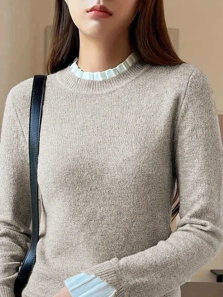 MDB Kadın Uzun Kollu Fırfırlı Yakalı Triko Krem Bluz - Resim 2