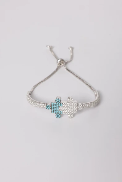 925 ayar gümüş bileklik rodyumlu turkuaz ve zirkon taşlı asansörlü yapboz modeli bileklik SGTL13170RODAJ - Resim 5