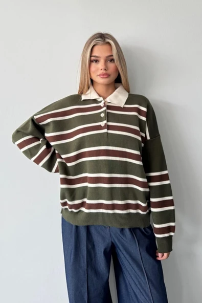 Çizgili Polo Yaka Oversize Triko Kazak ürün görseli