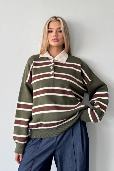 Çizgili Polo Yaka Oversize Triko Kazak - Resim 6