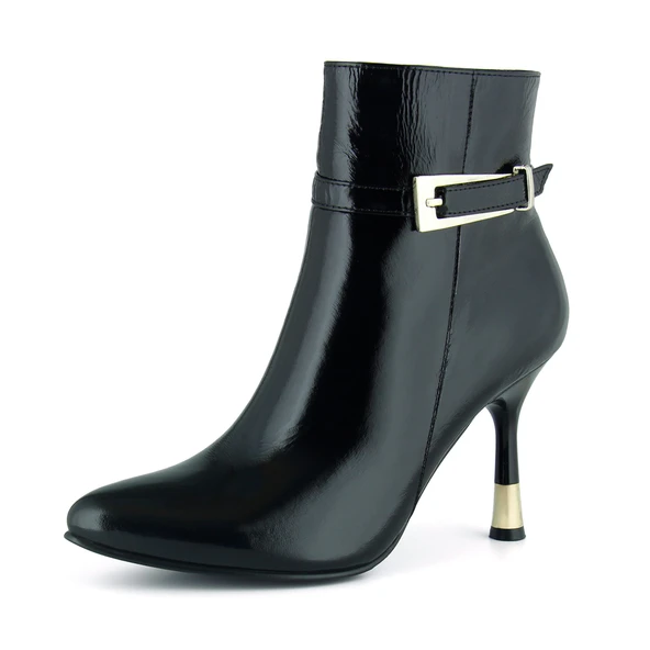 Erkan saçmacı Siyah Rugan Hakiki Dana Derisi Tokalı Fermuarlı Sivri Burun İnce Topuklu Günlük Bot ürün görseli