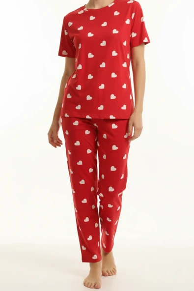 Kalp Desenli Pamuklu Pijama Takımı - Resim 4
