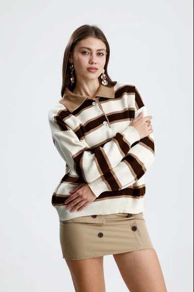 Çizgili Polo Yaka Oversize Triko Kazak - Resim 8