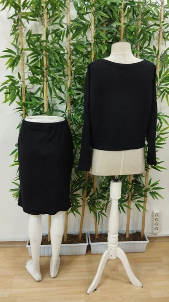 MDB Kadın Uzun Kollu Iki Yanı Açık Yaka Detaylı Bluz Ve Etek şardonlu Kaşkorse Ikili Takım - Resim 6