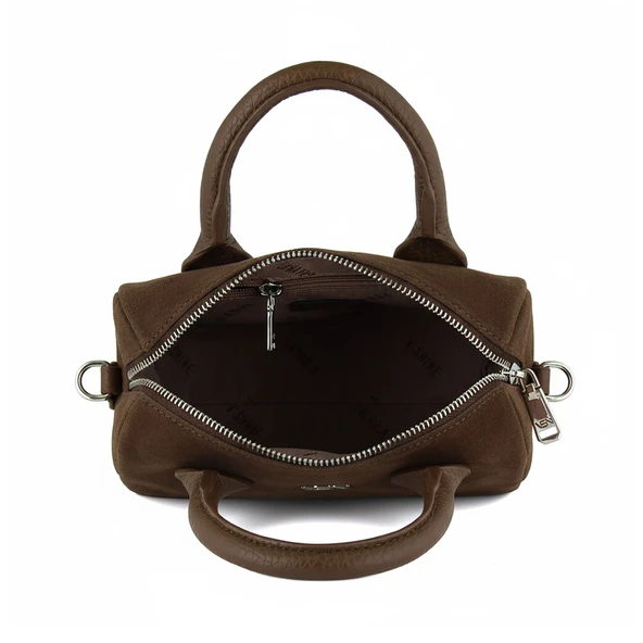 Erkan Saçmacı Açık Kahve Hakiki Dana Süet Fermuarlı Askılı İç Cepli Küçük Boy Günlük Omuz Çantası - Resim 6