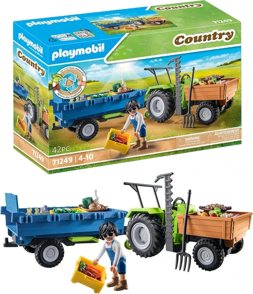 Playmobil Country 71249 Römorklu Traktör, Taşıma Kutuları Dahil, Organik Çiftlik İçin Yeşil Traktör, 4 Yaşından Büyük Ço ürün görseli 1