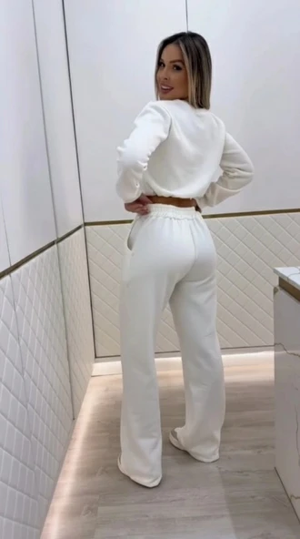 MDB Kadın Uzun Kollu Bisiklet Yaka Desenli Iki Iplik şardonlu Bluz Ve Pantolon Ikili Takım - Resim 2