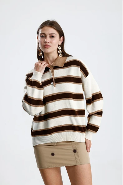 Çizgili Polo Yaka Oversize Triko Kazak - Resim 11