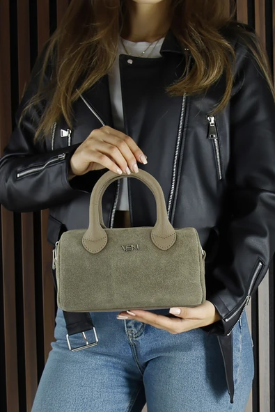 Erkan Saçmacı Kum Hakiki Dana Süet Fermuarlı Askılı İç Cepli Küçük Boy Günlük Omuz Çantası - Resim 3