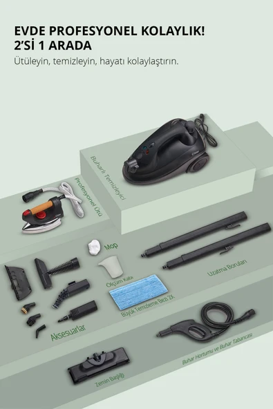 Kiwi Kazanlı Ütüye Dönüşebilen Buharlı Temizlik Makinası KSC-4218, 2000W / ml, 15 aksesuar Siyah - Resim 2