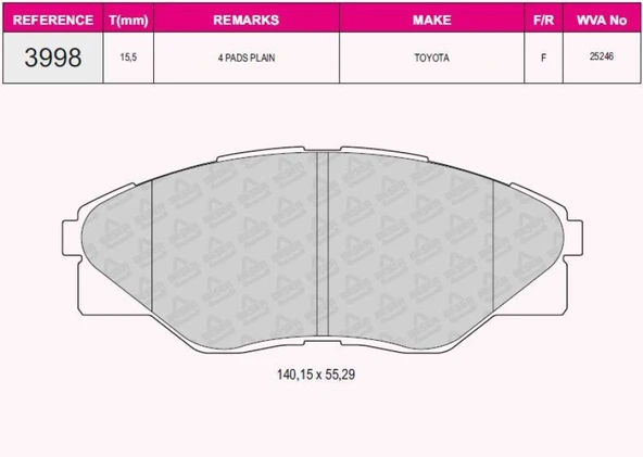 Toyota Ticarı On Fren Balatası Toyota Hilux 2.7 05-> 4x2 - Grap 93998 ürün görseli 1