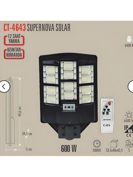 Cata Ct 4643 Solar Sokak Armatürü 600W 6400K Beyaz Işık ürün görseli 1