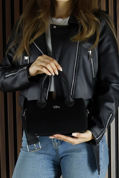 Erkan Saçmacı Siyah Hakiki Dana Süet Fermuarlı Askılı İç Cepli Küçük Boy Günlük Omuz Çantası - Resim 3