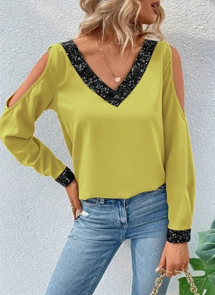 MDB Kadın Uzun Kollu V Yakalı Omuzlardan Açık Sandy Bluz - Resim 3