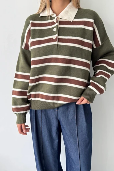 Çizgili Polo Yaka Oversize Triko Kazak - Resim 2