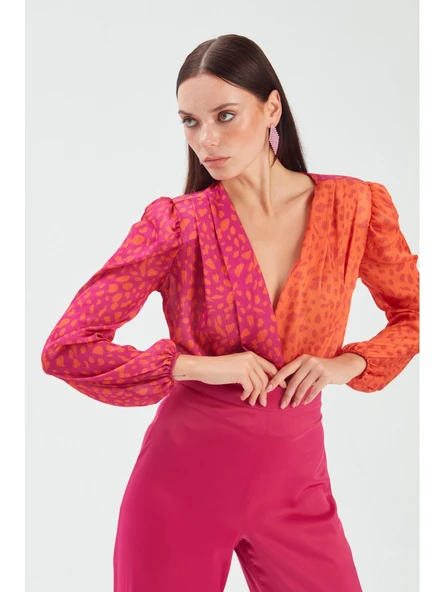Kruvaze Desenli Bodysuit - Oranj-Fuşya ürün görseli 1