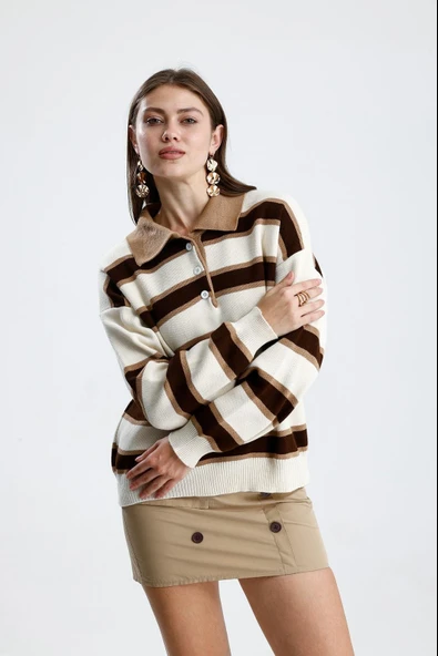 Çizgili Polo Yaka Oversize Triko Kazak - Resim 9