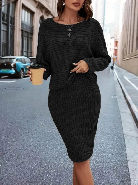 MDB Kadın Uzun Kollu Iki Yanı Açık Yaka Detaylı Bluz Ve Etek şardonlu Kaşkorse Ikili Takım - Resim 2