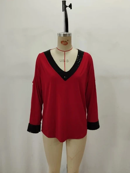 MDB Kadın Uzun Kollu V Yakalı Omuzlardan Açık Sandy Bluz - Resim 4