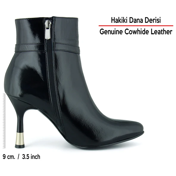 Erkan saçmacı Siyah Rugan Hakiki Dana Derisi Tokalı Fermuarlı Sivri Burun İnce Topuklu Günlük Bot - Resim 2