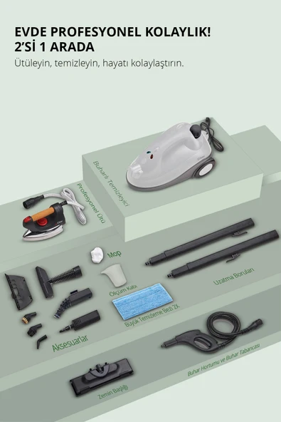 Kiwi Kazanlı Ütüye Dönüşebilen Buharlı Temizlik Makinası KSC-4218 2000W / ml, 15 Aksesuar Beyaz - Resim 2