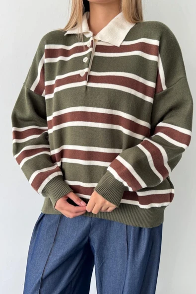 Çizgili Polo Yaka Oversize Triko Kazak - Resim 4