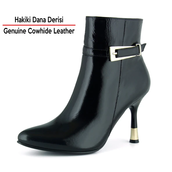 Erkan saçmacı Siyah Rugan Hakiki Dana Derisi Tokalı Fermuarlı Sivri Burun İnce Topuklu Günlük Bot - Resim 3