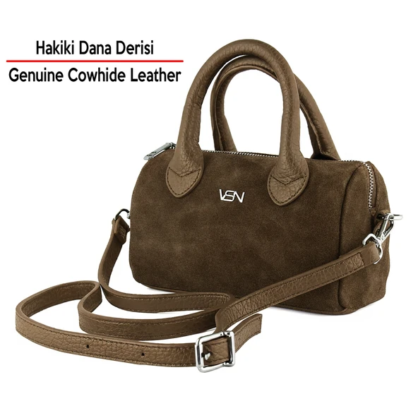 Erkan Saçmacı Açık Kahve Hakiki Dana Süet Fermuarlı Askılı İç Cepli Küçük Boy Günlük Omuz Çantası - Resim 5