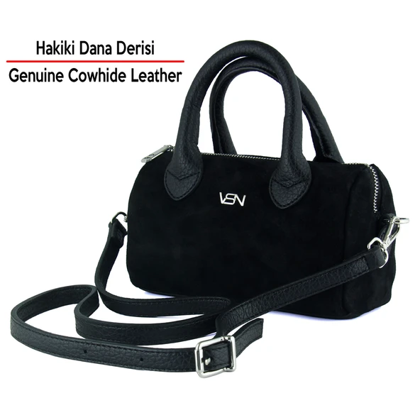 Erkan Saçmacı Siyah Hakiki Dana Süet Fermuarlı Askılı İç Cepli Küçük Boy Günlük Omuz Çantası - Resim 5