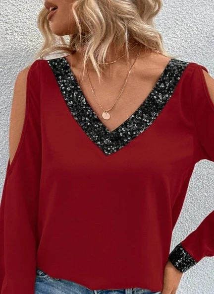 MDB Kadın Uzun Kollu V Yakalı Omuzlardan Açık Sandy Bluz - Resim 2