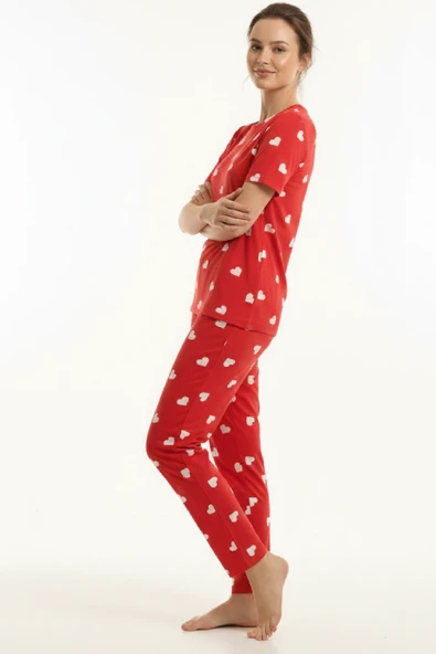 Kalp Desenli Pamuklu Pijama Takımı - Resim 2