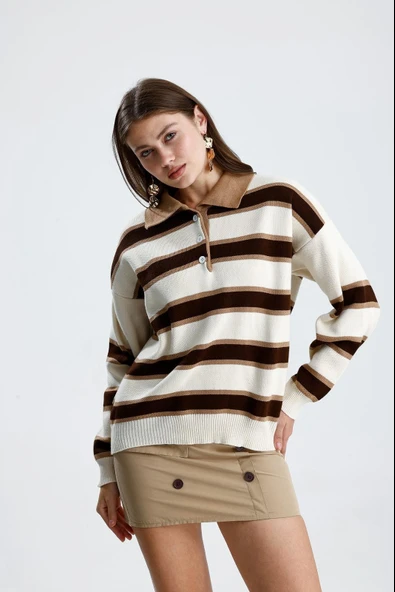 Çizgili Polo Yaka Oversize Triko Kazak - Resim 12