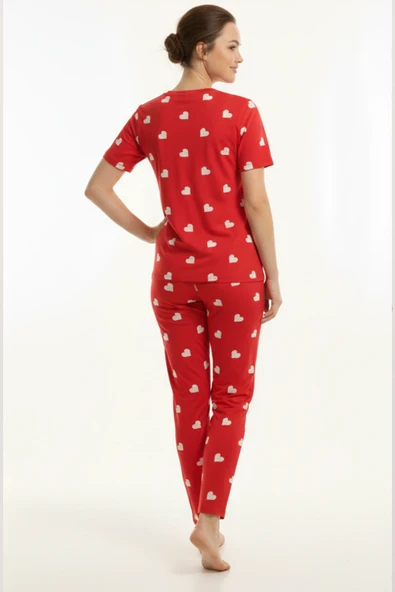 Kalp Desenli Pamuklu Pijama Takımı - Resim 5
