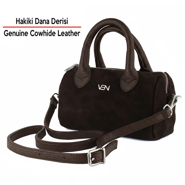 Erkan Saçmacı Kahve Hakiki Dana Süet Fermuarlı Askılı İç Cepli Küçük Boy Günlük Omuz Çantası - Resim 3