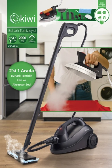 Kiwi Kazanlı Ütüye Dönüşebilen Buharlı Temizlik Makinası KSC-4218, 2000W / ml, 15 aksesuar Siyah ürün görseli