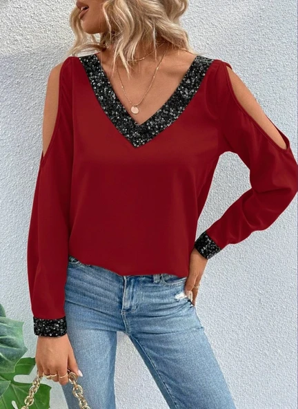 MDB Kadın Uzun Kollu V Yakalı Omuzlardan Açık Sandy Bluz ürün görseli 1