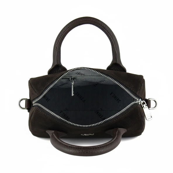 Erkan Saçmacı Kahve Hakiki Dana Süet Fermuarlı Askılı İç Cepli Küçük Boy Günlük Omuz Çantası - Resim 4