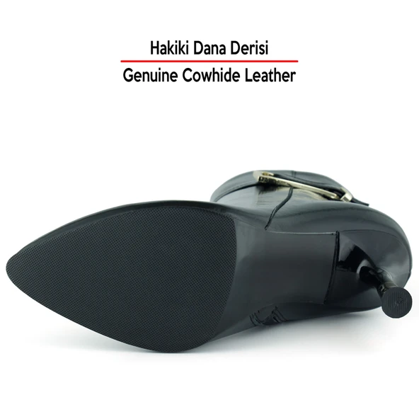 Erkan saçmacı Siyah Rugan Hakiki Dana Derisi Tokalı Fermuarlı Sivri Burun İnce Topuklu Günlük Bot - Resim 4
