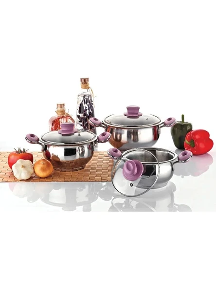 Home Perfect Begonya 6 Parça Milenyum Lila Cam Kapaklı Tencere Seti (14cm-16cm-18cm) ürün görseli 1