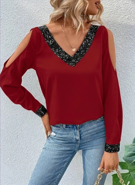 MDB Kadın Uzun Kollu V Yakalı Omuzlardan Açık Sandy Bluz - Resim 3