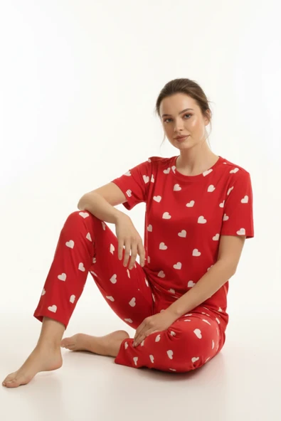Kalp Desenli Pamuklu Pijama Takımı - Resim 3