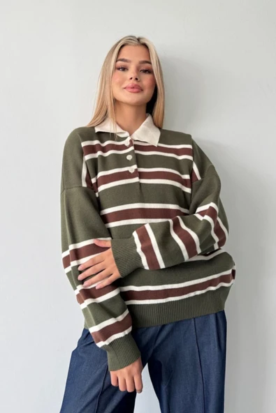 Çizgili Polo Yaka Oversize Triko Kazak - Resim 5