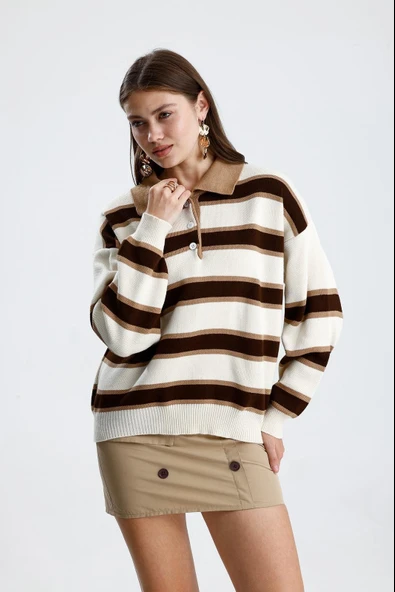 Çizgili Polo Yaka Oversize Triko Kazak - Resim 7