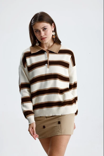 Çizgili Polo Yaka Oversize Triko Kazak - Resim 10