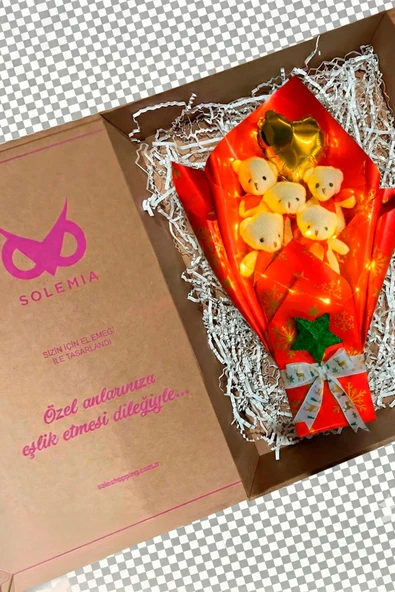 Premium Özel Yeniyıl - Yılbaşı Konsepti  LED Işıklı Romantik Kırmızı - Beyaz Peluş Ayıcık Buketi-Sevdiklerinize Özel... - Resim 4